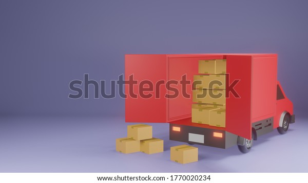 Package and delivery. Heap of boxes and\
red pickup truck on purple background.\
3d