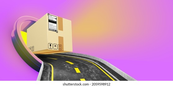 package is on road. Cardboard box is symbol of courier delivery. Delivery of parcels by car concept. Road logistics of goods. Logistic processes. Road with box on pink background. 3d image.