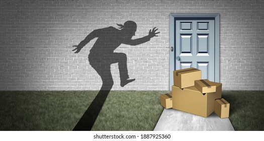 Package robbery and home delivery theft or porch pirate thief stealing packages from a house delivered to a front door as a burglar robbing boxes from a doorstep with 3D illustration elements.
