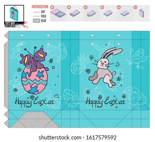 package template for Easter holiday with doodle drawings rabbit jumper and butterfly on the egg