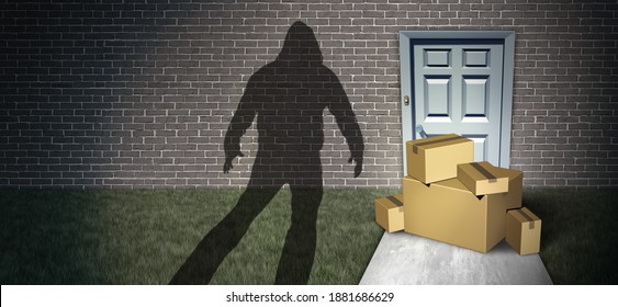 Package theft and porch pirate thief stealing packages from a home delivered to a front door as a burglar robbing boxes from a doorstep with 3D illustration elements.