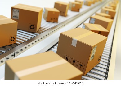 Paketzustellung, Verpackungsservice und Pakettransport-Systemkonzept, Kartonboxen auf Transportband im Lager, 3D-Illustration