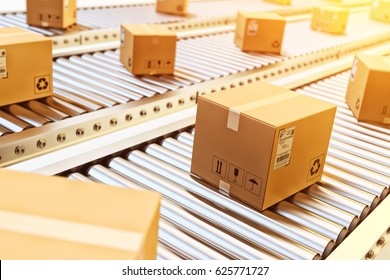 Paketzustellung, Verpackungsservice und Pakettransport-Systemkonzept, Kartonboxen auf Transportband im Lager, 3D-Illustration