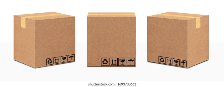Packaging paper and Shipping Box with symbol on box transport isolated on white. Have a fragile care sign symbol ,Recycle save global,Handling with care,Protect from water rain.3D illustration.