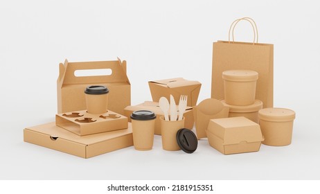 Packaging Product Brown Craft Cardboard Paper Eco Mockup Catering And Street Fast Food Boxes Cups Carton Bag Recycling Delivery Service Disposable. 3d Rendering.