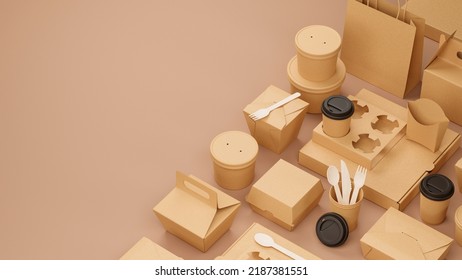 Packaging Product Brown Craft Cardboard Paper Eco Mockup Catering And Street Fast Food Boxes Cups Carton Bag Recycling Delivery Service Disposable. 3d Rendering.