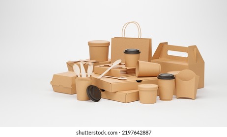 Packaging Product Brown Craft Cardboard Paper Eco Mockup Catering And Street Fast Food Boxes Cups Carton Bag Recycling Delivery Service Disposable. 3d Rendering.