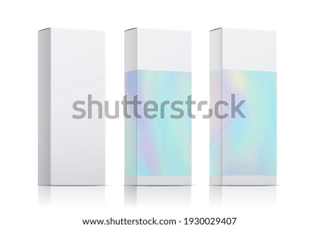 Packaging template set with holographic effect. Realistic box packing isolated on white background