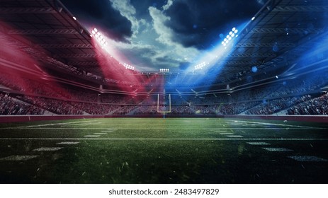 Packed American football stadium at night illuminated by floodlights. Open air arena with fans. 3D render. Concept of sport, event, tournament, game, championship - Powered by Shutterstock