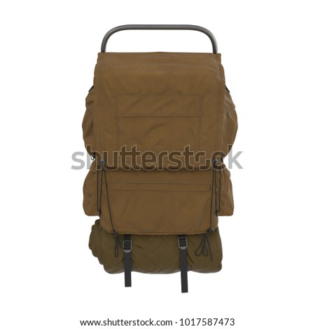 Packed camping backpack with camping bed isolated on white. 3D illustration