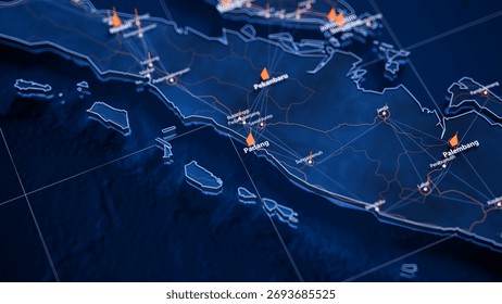 Padang map big data visualization. Futuristic map infographic of city in Indonesia. Visual map data complexity in modern blue and orange colors. 3D Illustration