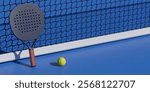 A padel racket and ball are positioned on a blue court next to a net. 3d rendering