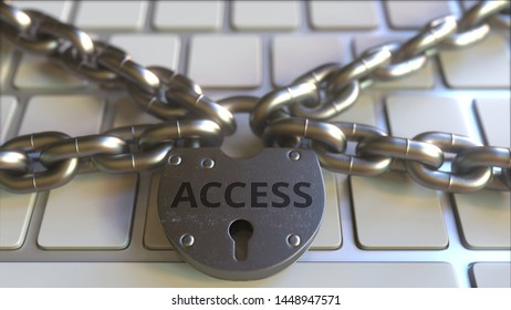 Padlock with ACCESS text on the computer keyboard. Blocking or restriction related 3D rendering