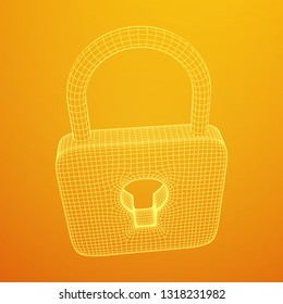 Padlock cyber security concept. Lock symbol from lines and squares, point connecting network. Wireframe low poly mesh 3d render illustration