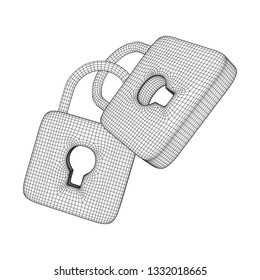 Padlock cyber security concept. Lock symbol from lines and squares, point connecting network. Wireframe low poly mesh 3d render illustration