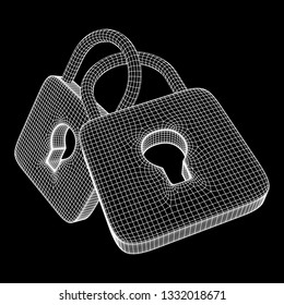 Padlock cyber security concept. Lock symbol from lines and squares, point connecting network. Wireframe low poly mesh 3d render illustration