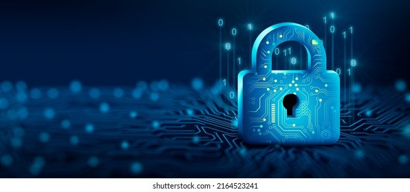 Padlock with Keyhole in data security on Converging point of circuit. Cyber data and information privacy. Future technology security, Network protection, and Modern safety digital Concept. 3D render.