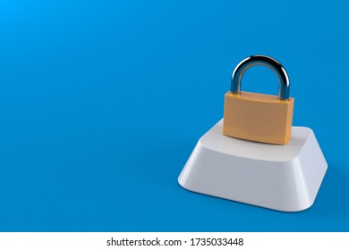 Padlock on computer key isolated on blue background. 3d illustration