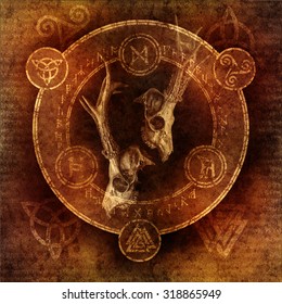 Pagan Stag Ceremony With Two Deer Skulls Enclosed Within A Magic Circle Of Mysterious Pagan And Runic Symbols.