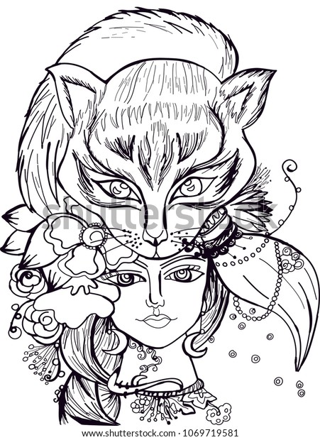 Download Page Coloring Book Girl Spiritual Animal Stock Illustration 1069719581