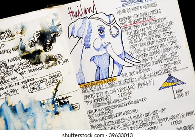 Page With Drawings And Text From A Travel Journal.