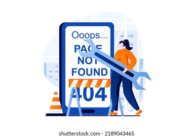 Page Not Found Concept With People Scene In Flat Cartoon Design. Woman With Wrench Repairs Broken Website, Fixing And Optimizes Connection From Mobile Phone. Illustration Visual Story For Web