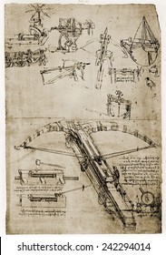 Page From The Notebooks Of Leonardo Da Vinci (1452-1519) Showing Giant Crossbow. Ca. 1500.