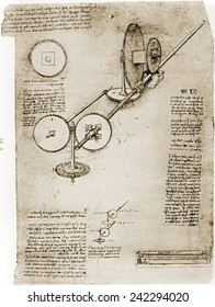 Page from the notebooks of Leonardo da Vinci (1452-1519) showing geared device assembled. Ca. 1500.