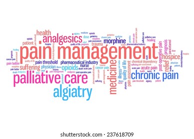 Pain Management And Palliative Care Issues And Concepts Word Cloud Illustration. Word Collage Concept.