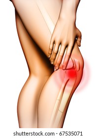 Pain Originating In The Knee Area. Hand Touching The Upper Leg Just Above The Knee. Digital Illustration.