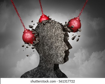 Painful Headache pain and pounding migraine concept as a human head made of cement being destroyed or renovated by a group of wrecking balls as a symbol for personal change as a 3D illustration. - Powered by Shutterstock