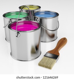 Paint brush next to the can of paint in different colors