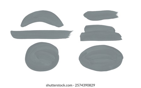 Paint brush texture stroke set. Hand painted object, form, figure, background. Abstract neutral painting elements collection in dark grey, gray, blue color. Art drawn textured shape templates