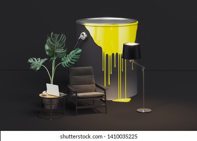 Paint Bucket With Spilled Paint Next To Modern Furniture. 3d Rendering.