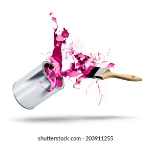 Paint Can And Brush Fall Bursting Pink Red Color Splash