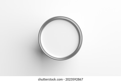 Paint Can Container And White Color In Metal Bucket For Home Renovation Work Isolated On White Background With Open On Top View Concept. 3D Rendering.