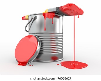 Paint Can And Paintbrush On White Background. 3d