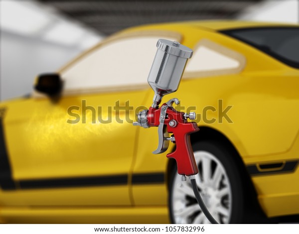 Paint gun spraying yellow paint over the\
car panels. 3D\
illustration.
