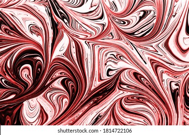 Paint leak background. Artistic swirl shape texture. Red, black and white ink mixing together. Flow effect pattern. Decorative futuristic backdrop.