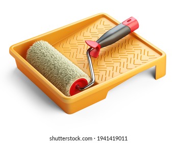 Paint plastic tray with roller brush inside. Tools for repair. 3d illustration isolated on a white.