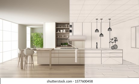 Paint roller painting interior design blueprint sketch background while the space becomes real showing modern kitchen. Before and after concept, architect designer creative work flow, 3d illustration