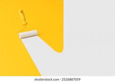 Paint roller painting a white line on a yellow background, ideal for home improvement or DIY ads. Plenty of space for messages. - Powered by Shutterstock