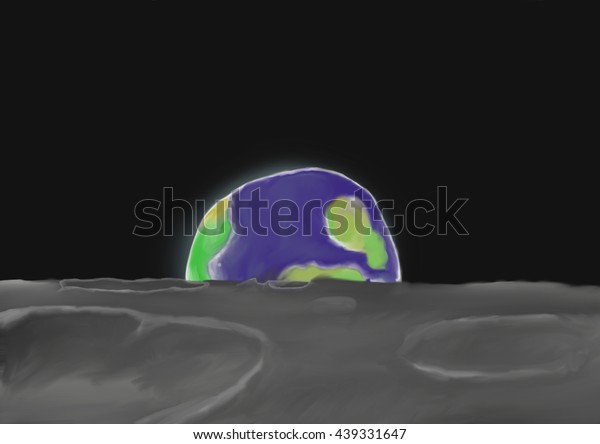 Painted\
background of rising earth, viewed from the\
Moon