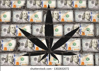 Painted Cannabis Leaf On The Wall Of Dollars. Hemp Business Art Concept.