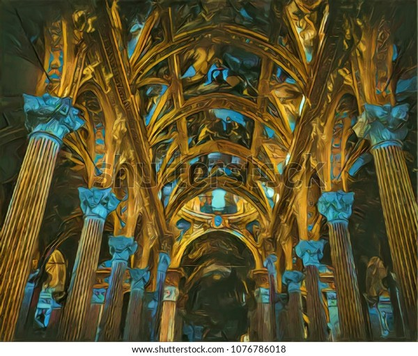 Painted Ceiling Cathedral Church Interior Oil Stock Illustration