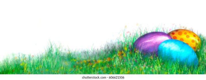 Painted Easter eggs lying in the grass on a spring meadow with flowers. Easter vintage graphic element or banner with copy space for text, isolated on white. Digital watercolor style painting.