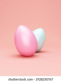 Painted easter eggs on pink studio background. 3D Rendering