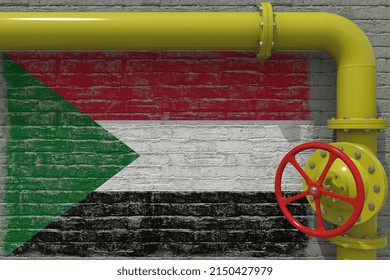 Painted Flag Of Sudan And Yellow Pipe With Valve,  3D Rendering