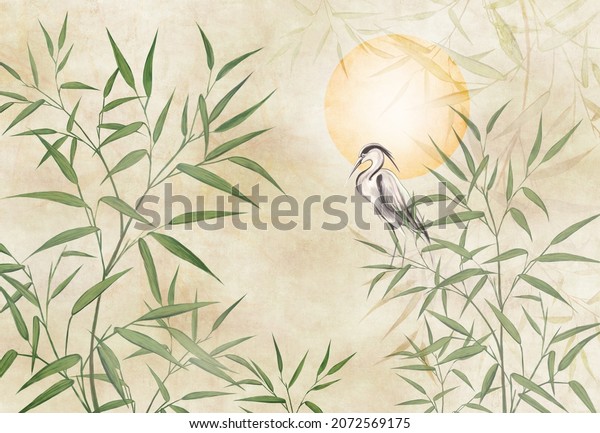 Painted leaves of reed bamboo on the background of the sun with a sitting heron. For wallpaper, frescoes.
