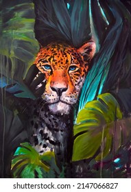 Painted Leopard In Tropical Leaves. Oil Painting On Canvas. Modern Painting. Exotic Motif. 